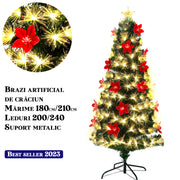 Brad artificial cu fibra optica multicolora si LED-uri, suport metalic, 180/210cm